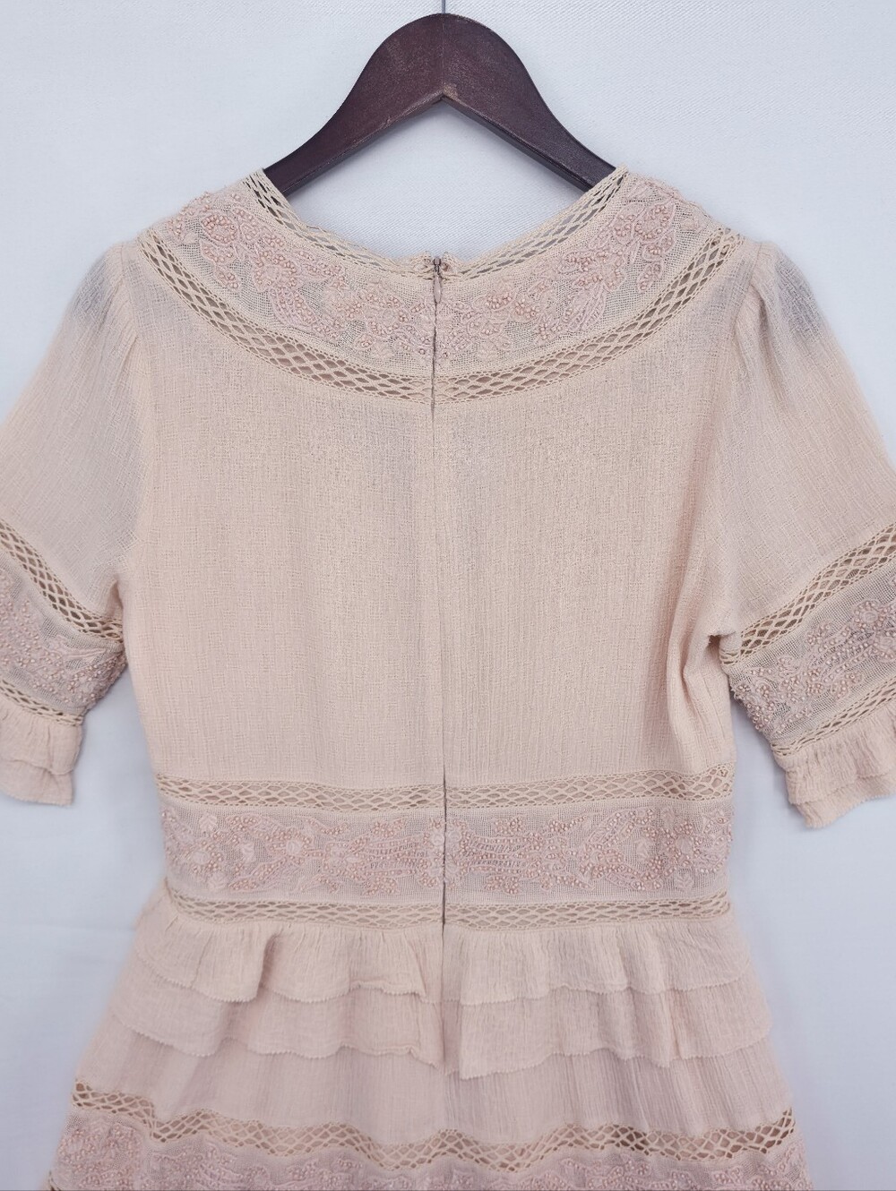 Love Sam Beaded Embroidered Boho Mini Dress Blush Lace Tiered Ruffle M - Picture 11 of 16